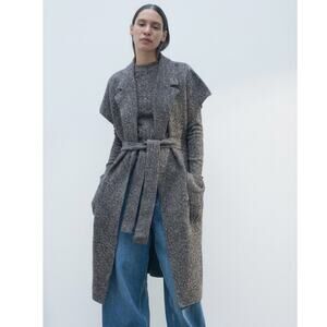 Zara Gray Flecked Knit 100% Wool Short Sleeve Coat Belted Vest, size L